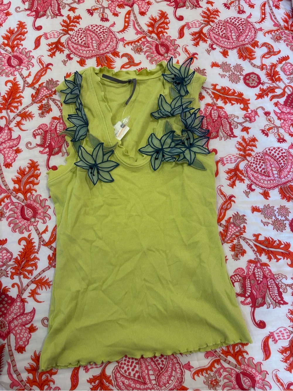 Anthropologie Lime Green Ribbed V-Neck Tank with Navy Floral Appliqué